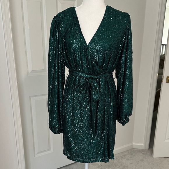 Lulu's Sparkly Darling Emerald Green Sequin Ling Sleeve Dress - Picture 5 of 11